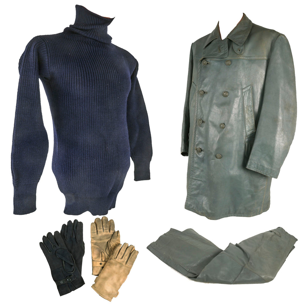 Original German Kriegsmarine U-Boat Double Breasted Leather Deck Jacket and Trouser Set with 2 Pairs of Gloves & Blue Knit Sweater Original Items
