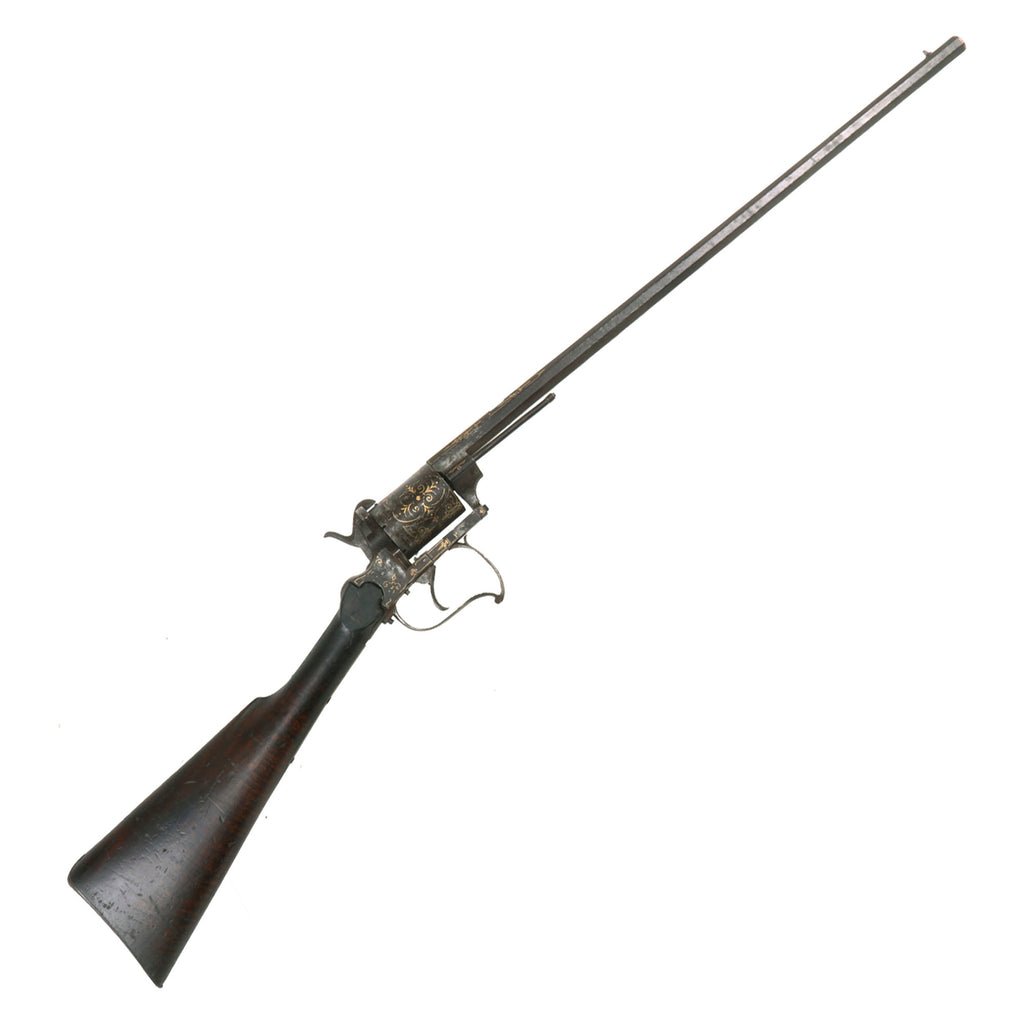 Original French 14mm Pinfire Double Action Gold Inlaid Revolving Rifle with Figured Stock - Circa 1860 Original Items