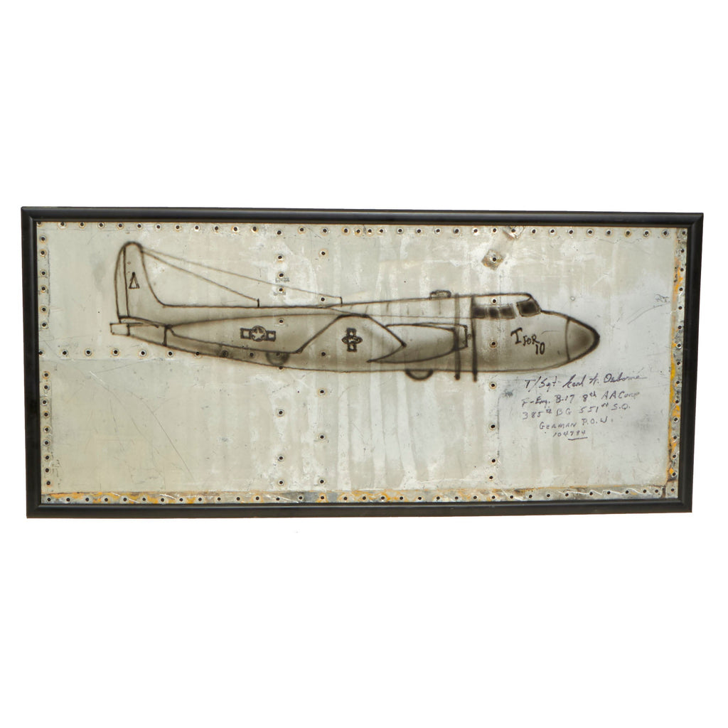 Original U.S. WWII Framed Aircraft Skin “Trench Art” P of B-17 “T For 10”, Signed Post War by POW (Artist) T/sgt Earl W. Osborne (Top Turret Gunner/Engineer), Shot Down April 28, 1944 and Sent to Stalag Luft 17b - 27” x 13” Original Items