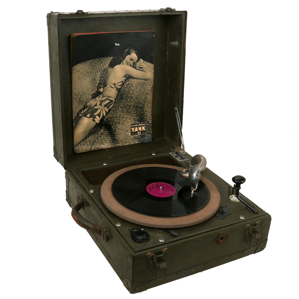 Original U.S. WWII Army Model D-200 Record Player by L.M. Sandwick with "Mexican Hat Dance" Record & Apr. 13 1945 Yank Magazine Original Items