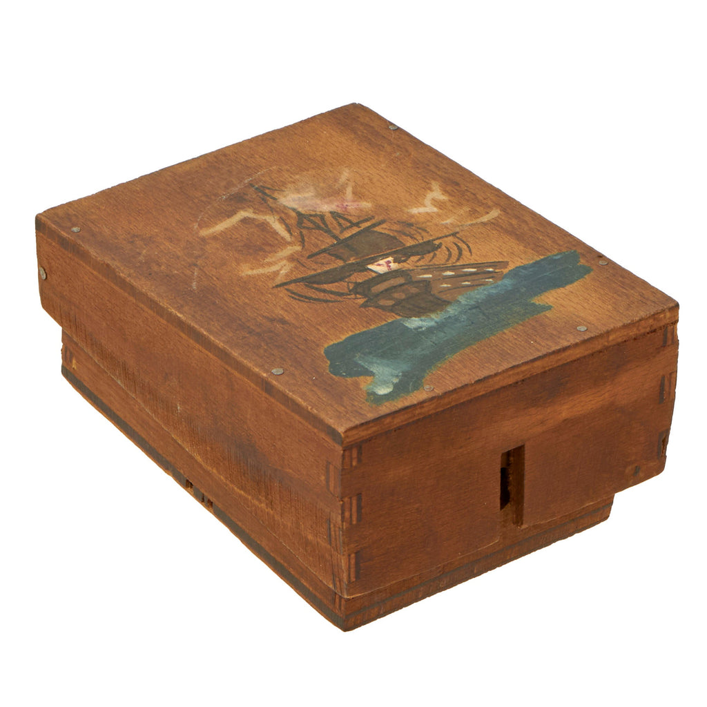 Original WWII German Battlefield Pickup Inert Shoe Mine With Painted “Man O’ War” Style Ship Artwork- Schu-mine 42 Original Items