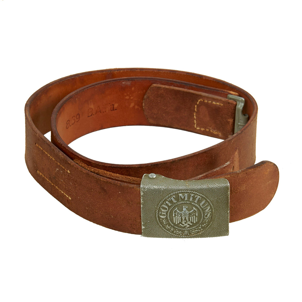 Original German Pre WWII Army Heer EM/NCO Brown Leather Belt with Pebbled Aluminum Buckle by Herman Knoller - dated 1939 Original Items