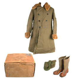Original U.S. WWII Imperial Japanese Army Cold Weather Gear Bringback Featuring Winter Coat, Boots and Gloves With Paperwork - Sent Home by Lt Vernon M. Meintzer, 82nd Signal BN
