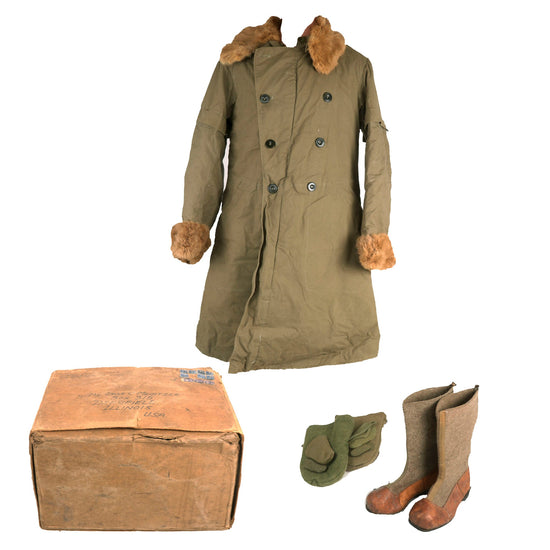 Original U.S. WWII Imperial Japanese Army Cold Weather Gear Bringback Featuring Winter Coat, Boots and Gloves With Paperwork - Sent Home by Lt Vernon M. Meintzer, 82nd Signal BN Original Items