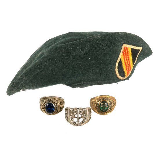 Original U.S. Vietnam War Era 5th Special Forces Group SFG Airborne Green Beret with Flash and (3) SF Rings - Ring Sizes 14 US / Z+3 UK Original Items