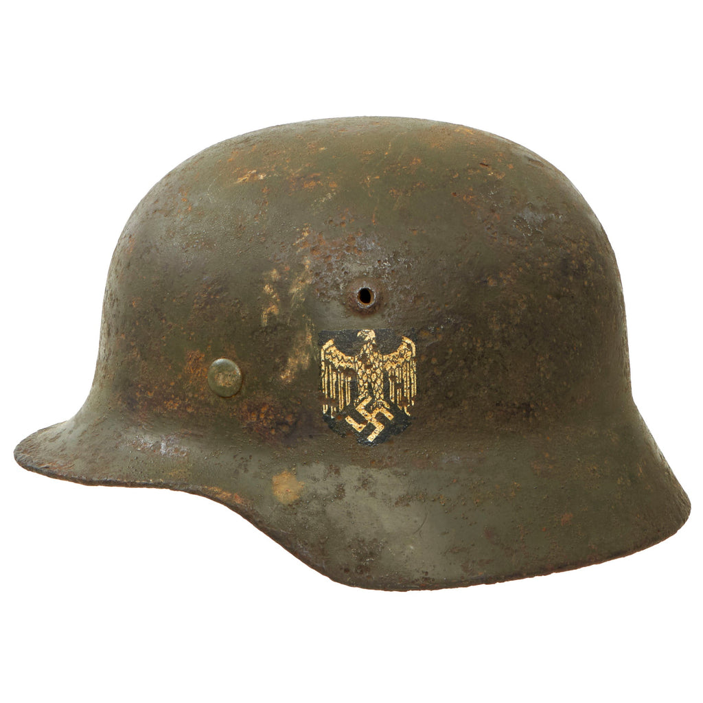 Original German WWII Ground Dug Army Heer M35 Double Decal Helmet Shell with Liner & Chinstrap - Size 60cm Shell Original Items