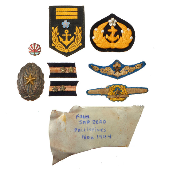 Original Japanese WWII Imperial Japanese Army Air Service Pilot Wings and Navy Insignia Grouping Feauturing “Japanese Zero” Aircraft Piece - 9 Items Original Items