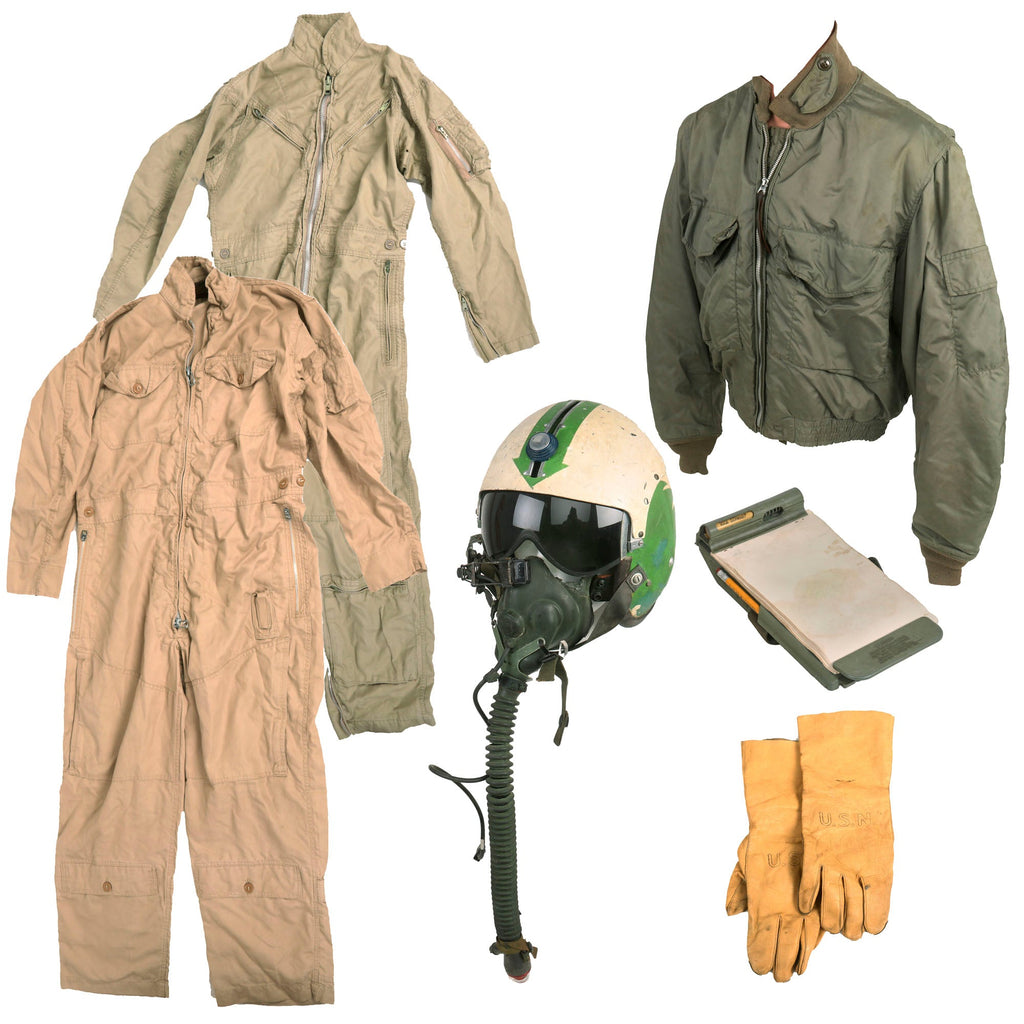 Original Cold War Era U.S. Navy Pilot APH-5 Helmet Grouping with Parachute Bag, Helmet Bag, (2) Summer Flying Suits, Mk 2-A Clipboard & More Original Items