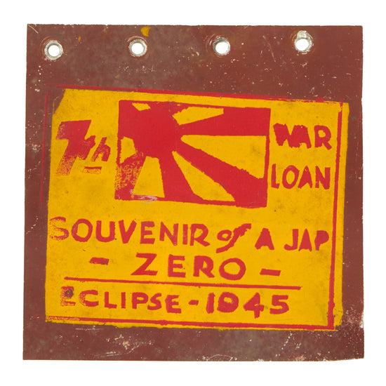 Original U.S. WWII 1945 Solar Eclipse Homefront 7th War Loan “Souvenir of a Jap Zero” Aircraft Skin - 4” x 4” Original Items