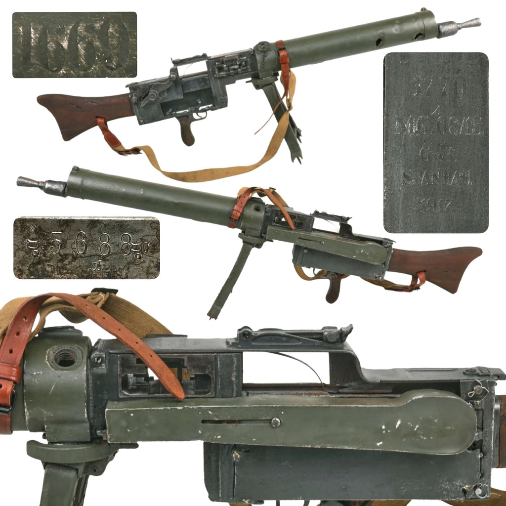 Original German WWI Maxim MG 08/15 Battlefield Pickup Display Machine Gun Serial 3770 b by Spandau Arsenal with Bipod and Bullet Damage - dated 1917 Original Items