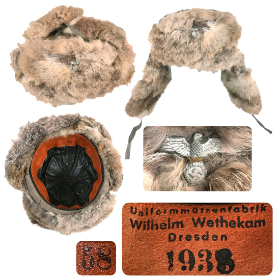 Original Rare German WWII 1938 Dated Winter Fur Schutzmütze Panzer "Beret" Protective Tanker Hat by Wilhelm Wethekam - Russian Front - Size 58 Original Items