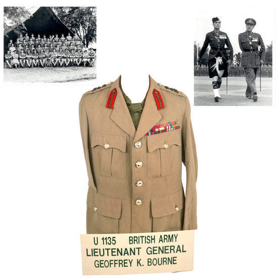 Original British WWII 21st Anti-Tank Regiment Commander Lt. General Geoffrey K. Bourne 1950s Uniform Tunic with Photos - Formerly Part of the A.A.F. Tank Museum Original Items