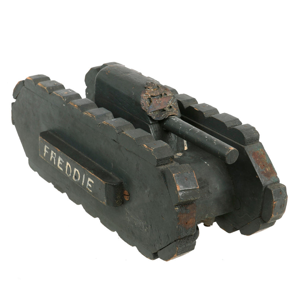 Original British WWI Era “POW Made” Children’s Wooden Tank Model Toy With Officers Tank Corps Badge Original Items