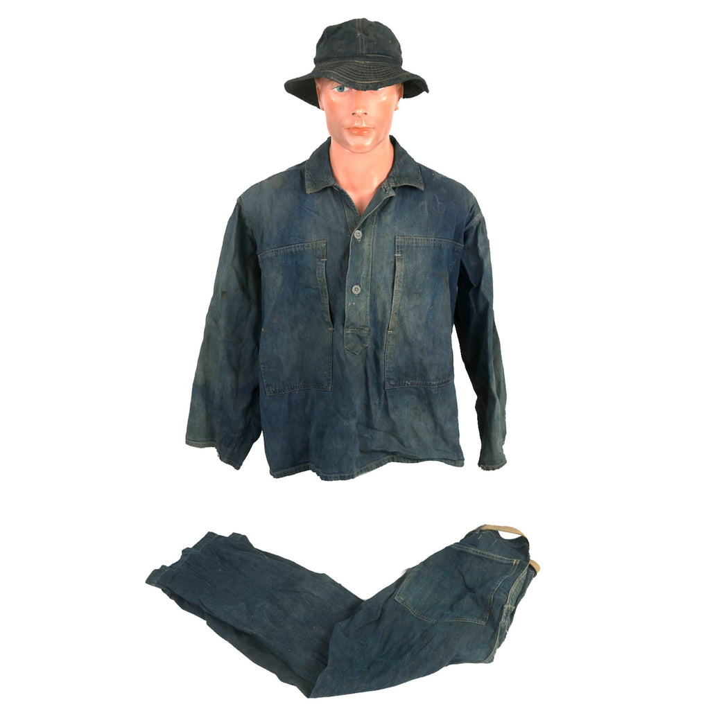 Original U.S. Pre War to Early WWII US Army Denim Fatique Uniform Set WIth Daisy Mae Cap - Shirt, Trousers and Cap Original Items