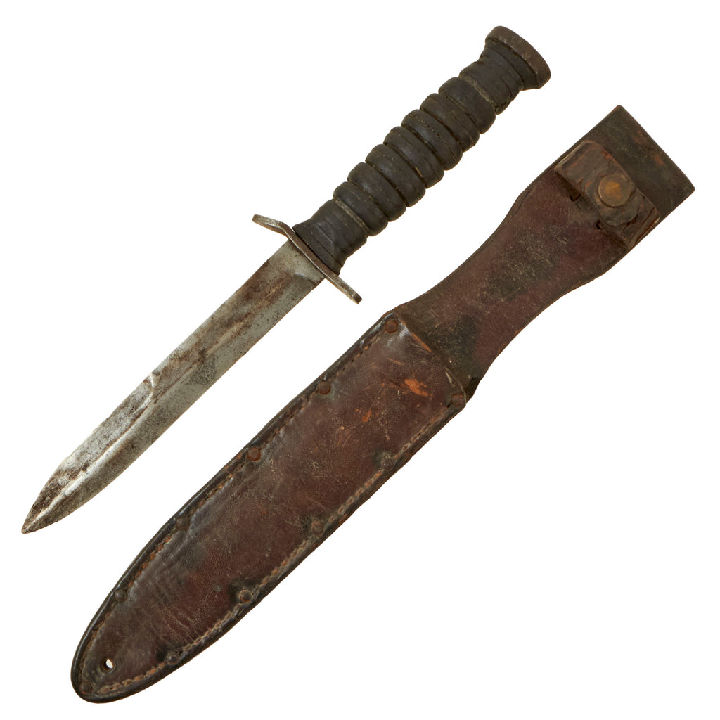 Original U.S. WWII M3 Fighting Knife Crossguard Marked by Aerial with Custom Leather Scabbard - Rare Maker Original Items
