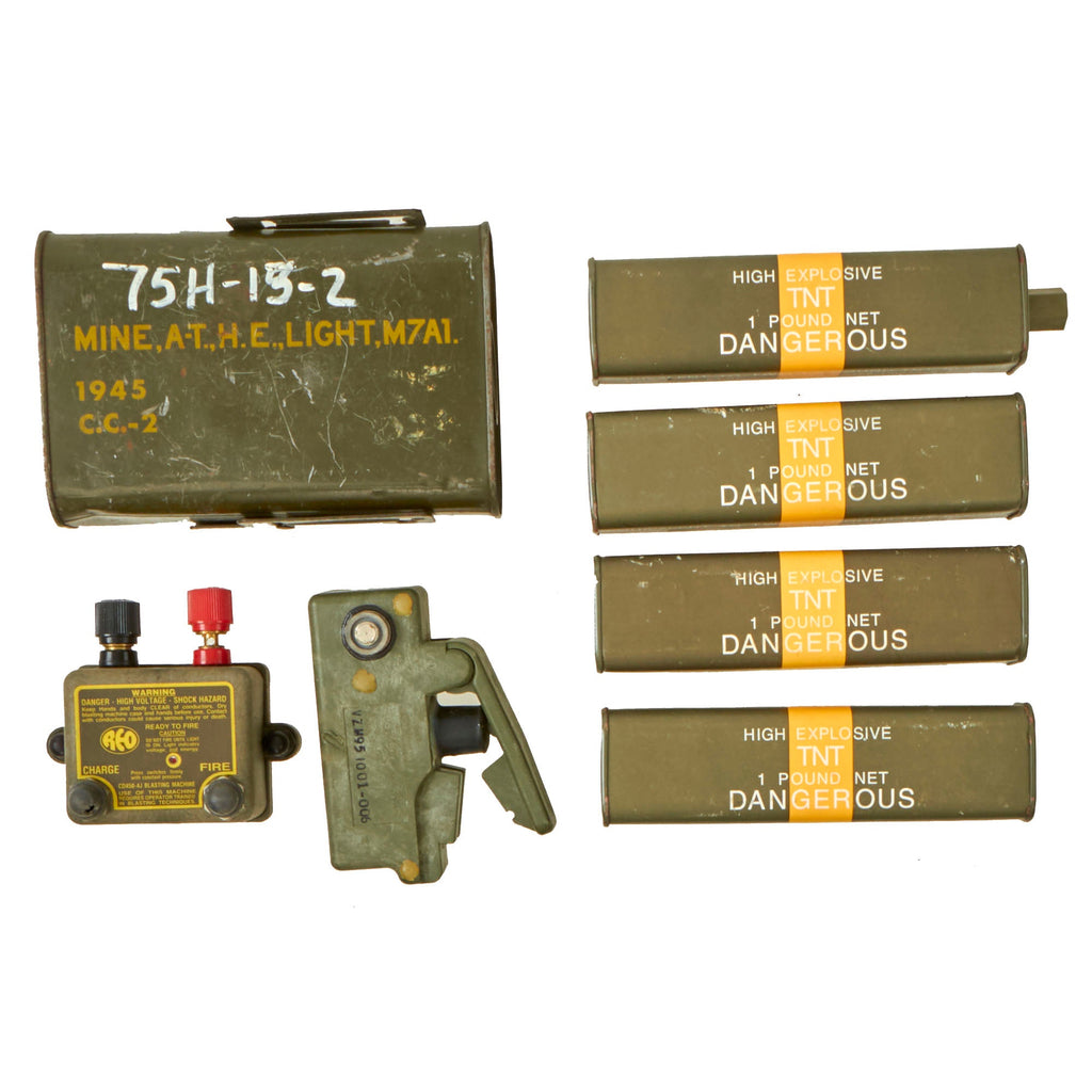 Original U.S. WWII to GWoT Era Inert / Deactivated Training Lot Featuring EOD CD450-4J REO Blasting Machine, 1 LB TNT Blocks, Firing Devices and M7A1 AT Mine - (7) Items Original Items