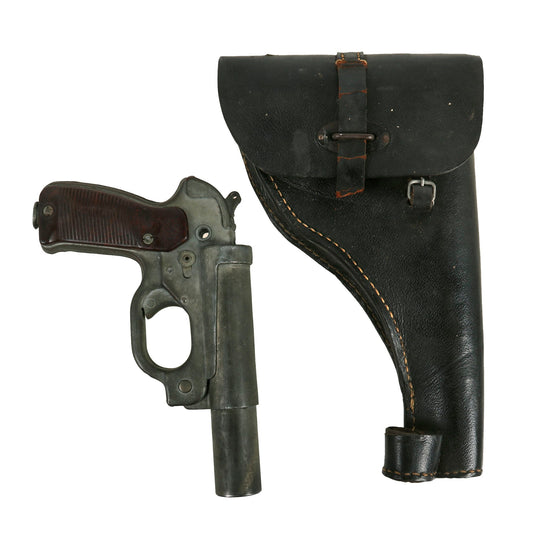 Original German WWII Leuchtpistole 42 Signal Flare Pistol by HASAG with Zinc Finish and Leather Holster - Serial Number 188627 Original Items