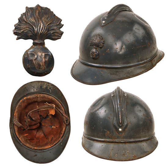 Original French WWI Issue Model 1915 Infantry Adrian Helmet in Horizon Blue with Scarce 1st Pattern Liner & Period Newspapers Used as Liner Padding Original Items