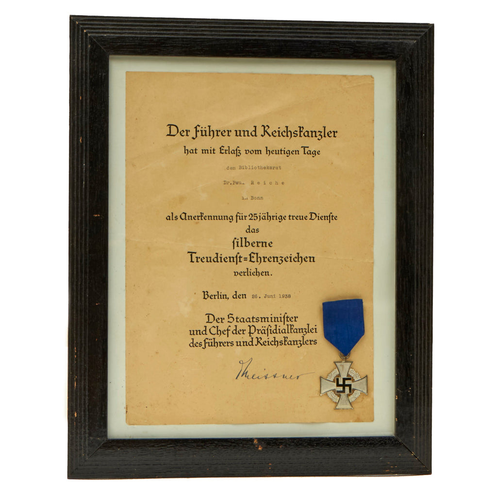 Original German WWII Framed 25-Year Faithful Civil Service Medal & Named Certificate Dated 1938 - 12 ¼” x 15 ¼” Original Items