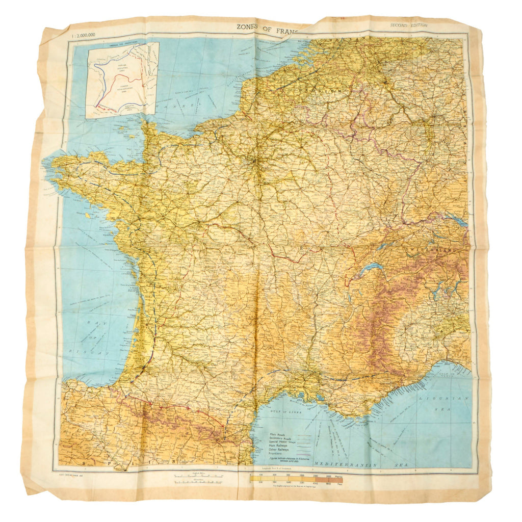 Original U.S. WWII Airborne "Zones of France" D-Day Silk Map - Dated March 1944 - WEA Western European Area - 22 ½” x 24” Original Items