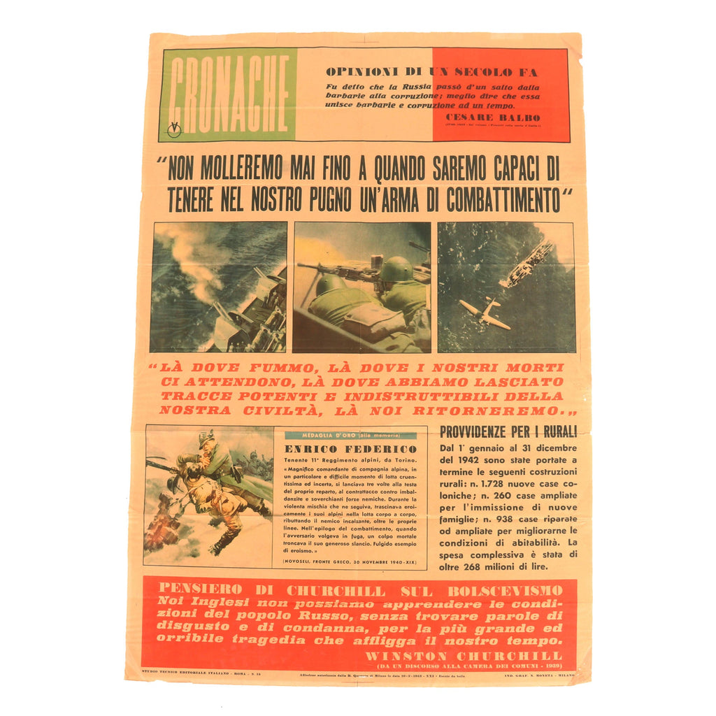 Original Italian WWII 1943 Cronache Chronicles Propaganda Poster - We Will Never Give up so Long as we can Hold a Weapon in our Fist - 27½ x 39” Original Items