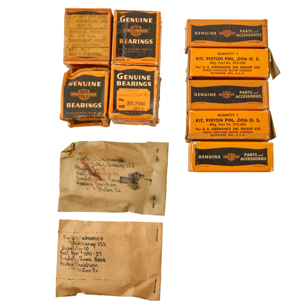Original U.S. WWII Harley Davidson Motorcycle Lot of Bearings & Piston Pin Kits in Original Boxes - 11 Pieces Total Original Items