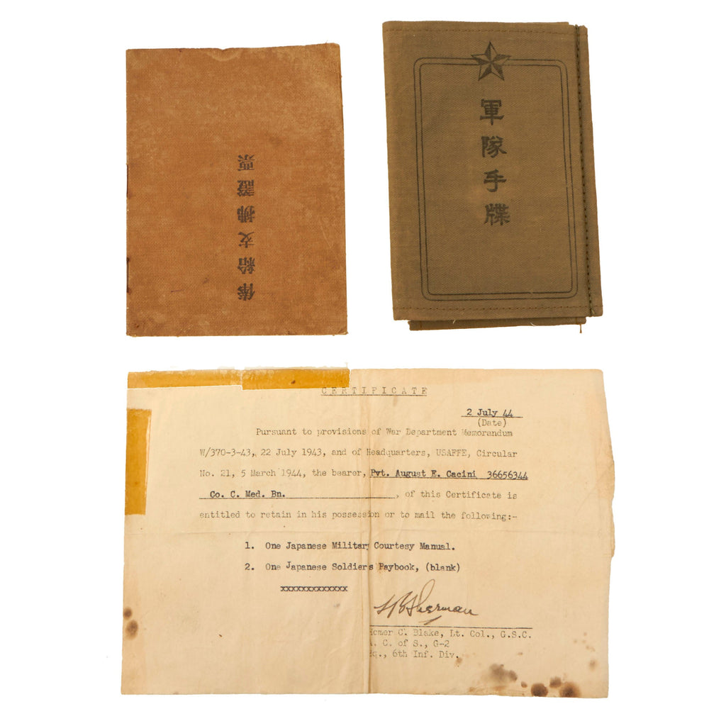 Original U.S. WWII Captured Japanese Military Courtesy Manual & Blank Soldier’s Paybook with Capture Certificate - August E. Cacini Original Items
