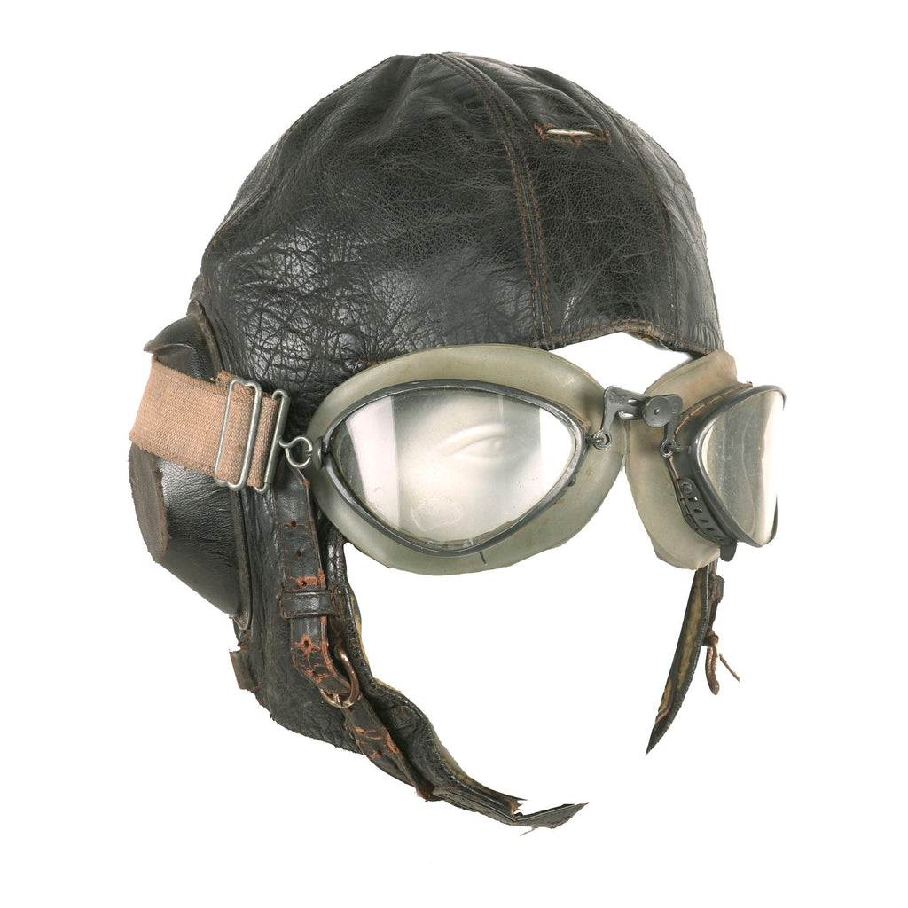 Original German WWII Luftwaffe LKpW101 Winter Flying Helmet with Headphones & Goggles Original Items