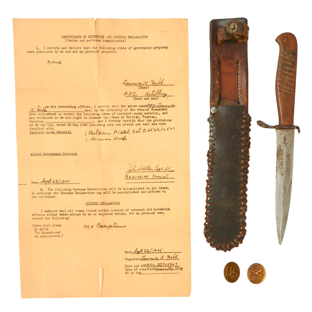 Original U.S. WWII Captured WWI Imperial German Trench Knife Re-Issued During WWII with Custom Scabbard & Bringback Paperwork Original Items
