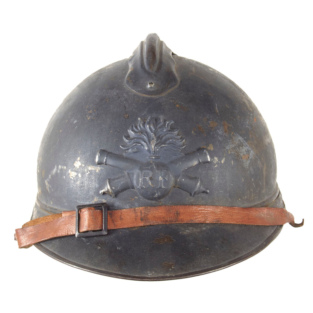 Original French WWI Model 1915 Adrian Helmet in Horizon Blue with Artillery RF Badge and 2nd Pattern Liner - Complete Original Items