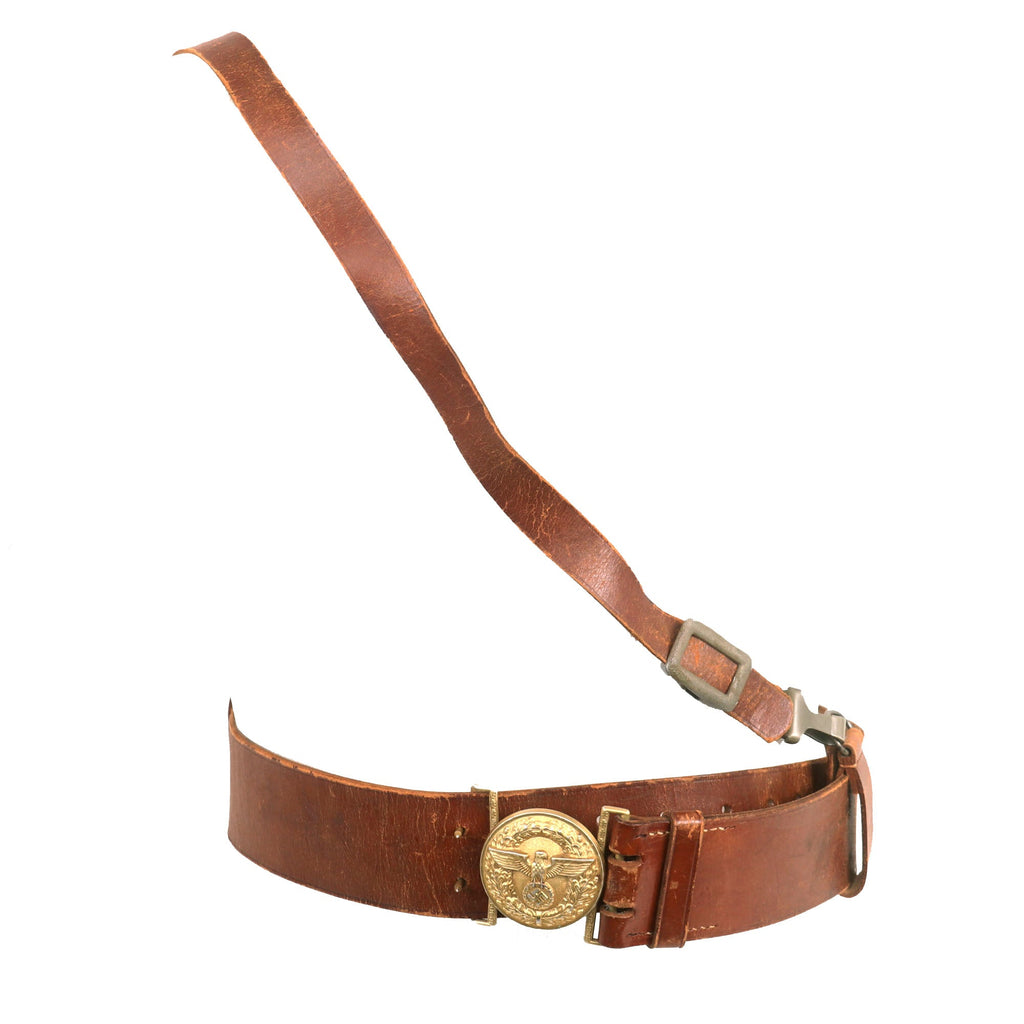 Original German WWII NSDAP Political Leader Leather Belt with Buckle, Cross Strap & Saber Hanger - M4/24 RZM Original Items