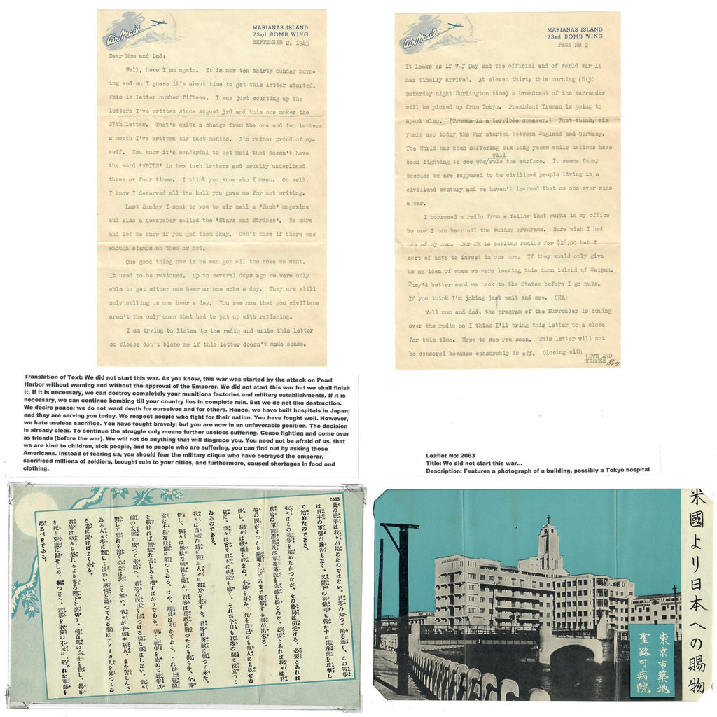 Original U.S. WWII “We Did Not Start This War” Leaflet Dropped on Japanese Forces with V-J Day Letters to Parents - 73rd Bomb Wing Original Items