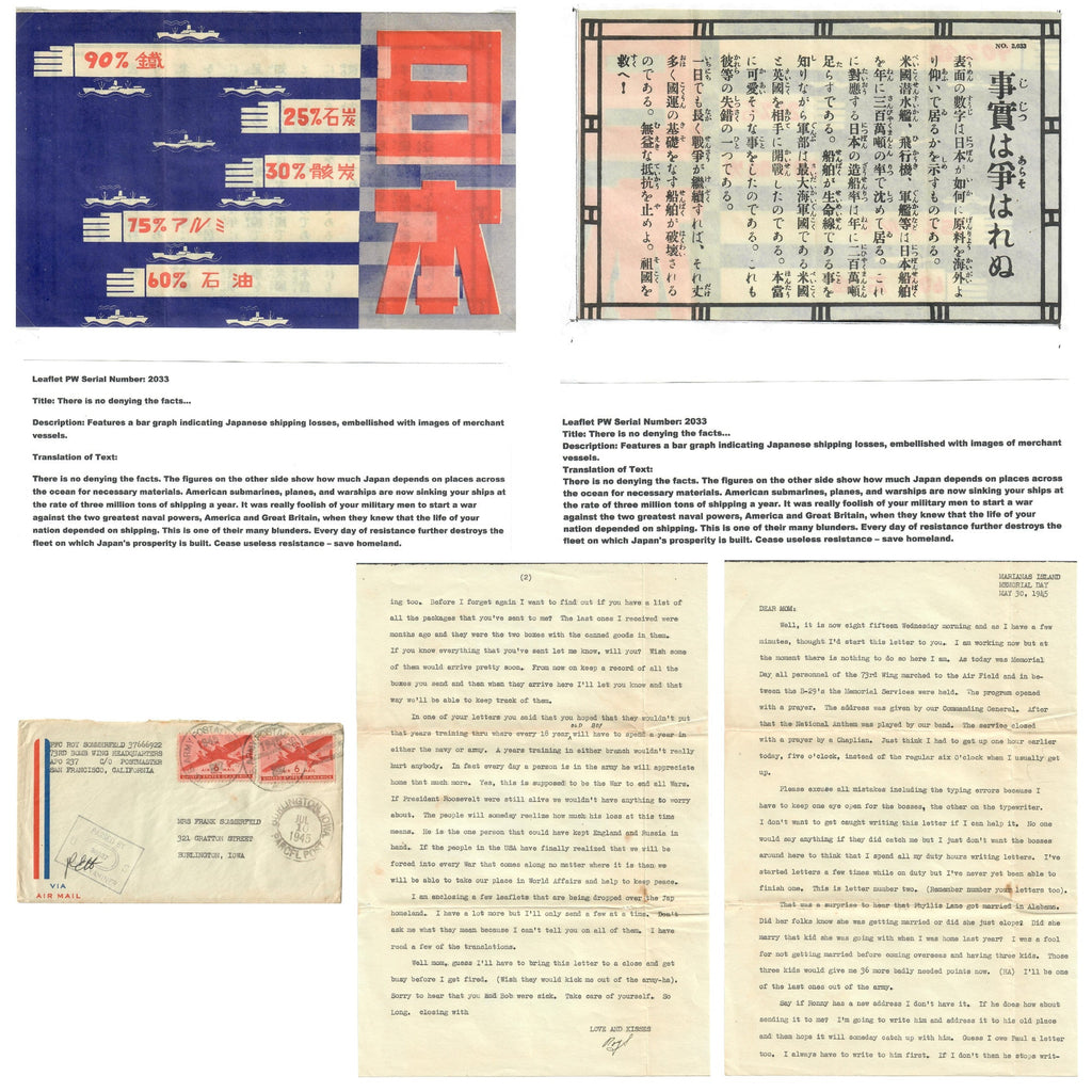 Original U.S. WWII Propaganda Leaflet Dropped on Japanese Industrial Areas with Letter to Parents - 73rd Bomb Wing Original Items