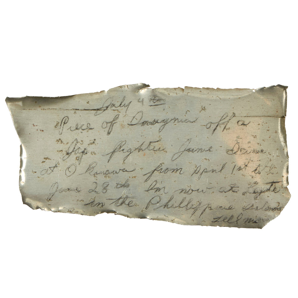 Original U.S. WWII Captured Japanese Aircraft Aluminum Fragment with Soldier’s Inscription & Partial Meatball Insignia on Reverse Original Items