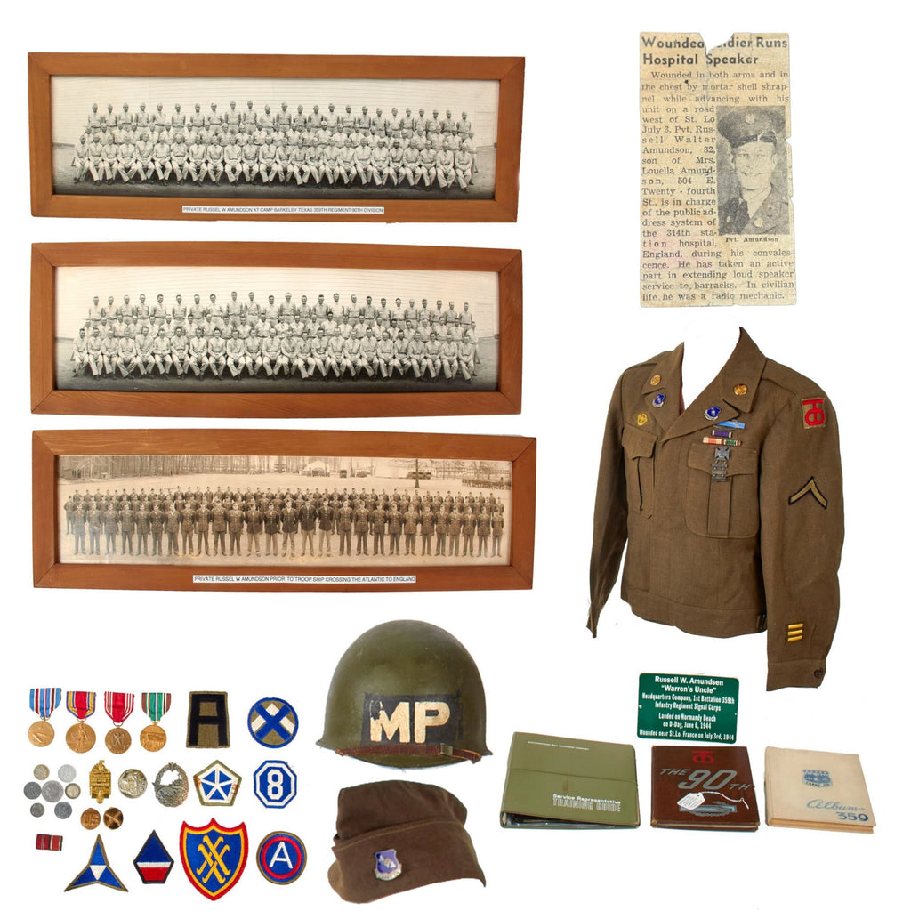 Original U.S. WWII 90th Infantry Division Wounded D-Day Uniform & M1 Helmet Grouping with Yardlong Photos & Binder of Ephemera - PFC. Russell Walter Amundsen, 359th Infantry Regiment Original Items