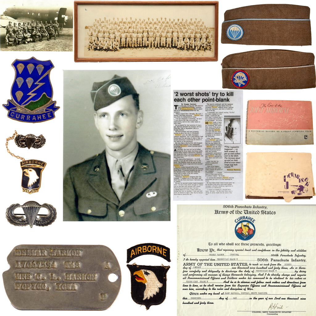 Original U.S. WWII D-Day Jump WIA 101st Airborne 506th Parachute Infantry Regiment Dog Tag & Framed Signed Yardlong Grouping with Garrison Caps & Currahee DI - T/5 Delmar Harmon Original Items