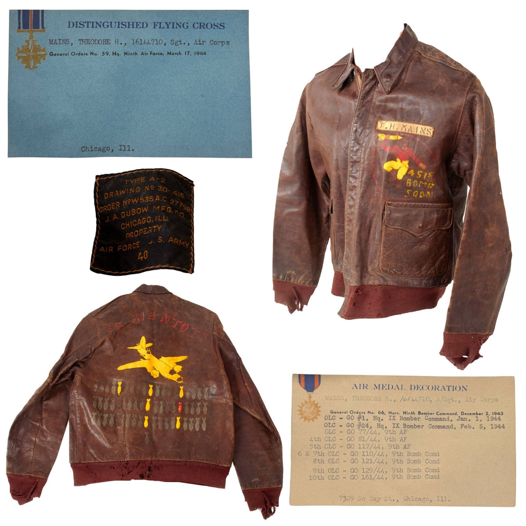 Original U.S. WWII B-26 “A Bientot” Distinguished Flying Cross Recipient Gunner S/Sgt Theodor H. Mains’ Painted A2 Flight Jacket - 65 Combat Missions - 451st Bomb Squadron, 322nd Bomb Group Original Items