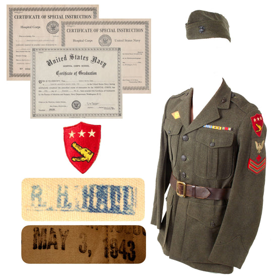 Original U.S. WWII Named USMC V Amphibious Corps Corpsman Uniform with Hospital Corps Certificates - Pharmacist’s Mate 2nd Class Robert Harold Hall Original Items