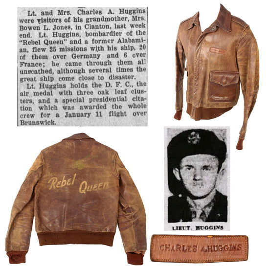 Original U.S. WWII B-17 “Rebel Queen” Distinguished Flying Cross Recipient Bombardier Lt. Charles A. Huggins’ Painted A2 Flight Jacket - 94th Bomb Group Original Items