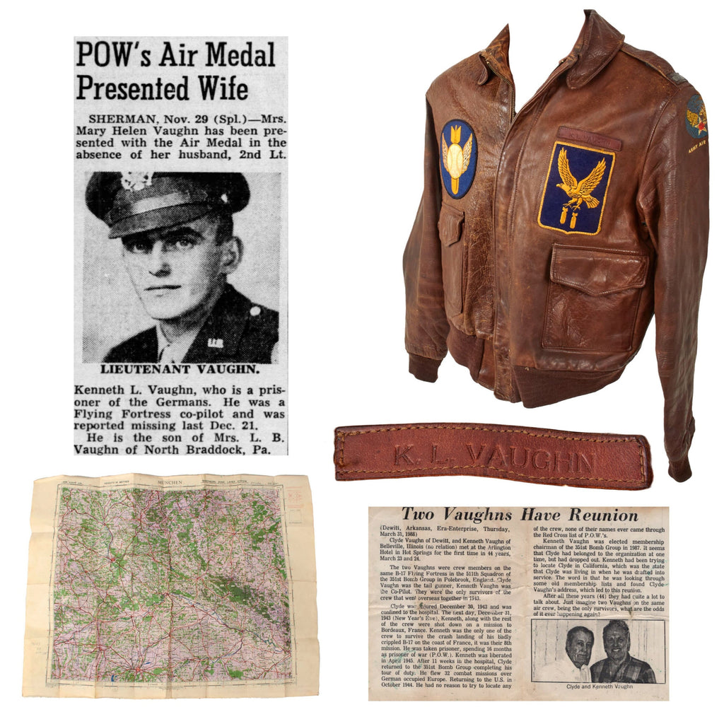 Original U.S. WWII B-17 “Speedball” Sole Survivor & Prisoner of War Co-Pilot Lt. Kenneth L. Vaughn Patched A2 Flight Jacket - 511th Bomb Squadron Original Items