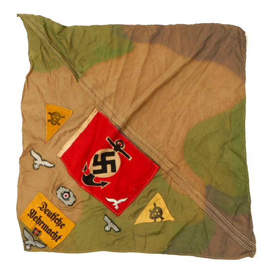 Original German WWII USGI Bring Back Scarf Made from Camouflage Parachute with Attached Flag, Insignia, and Armband Original Items