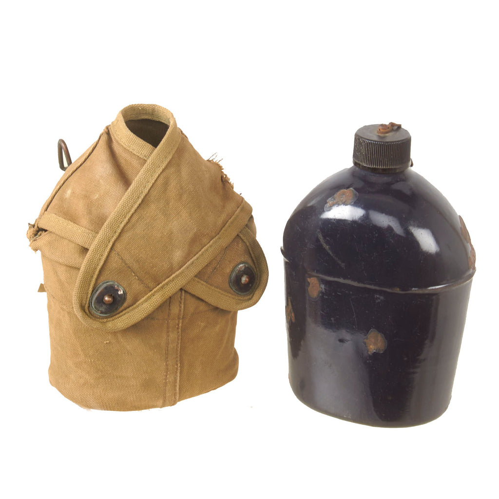 Original U.S. WWII Rare M1942 Black Porcelain Enamel Canteen in 3rd Pattern USMC Carrier with M1910 Canteen Cup Original Items