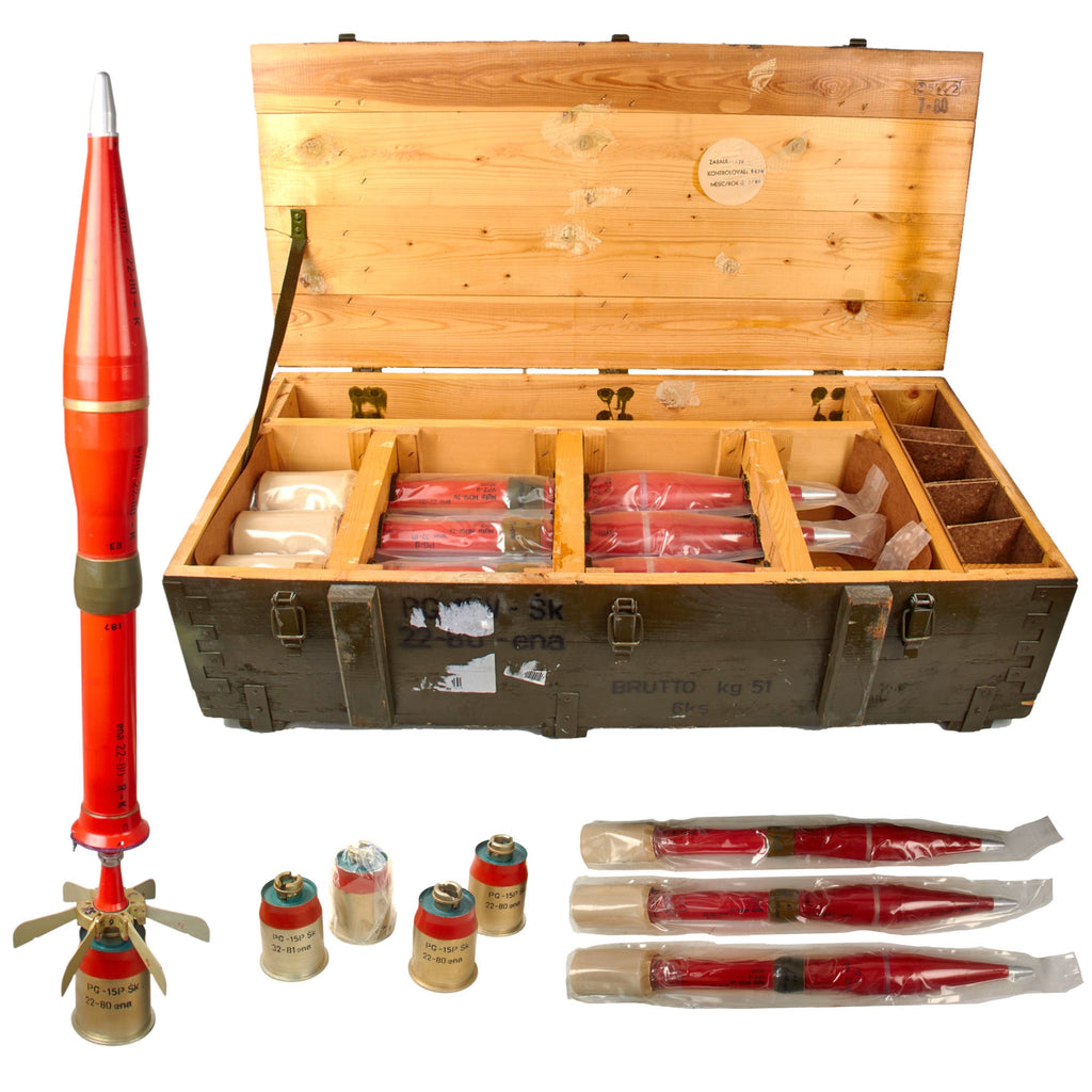 Original Cold War Era Czech Inert Training Rocket Set for the SPG-9 Recoilless Anti-Tank Gun - 4 Rockets in Chest Original Items