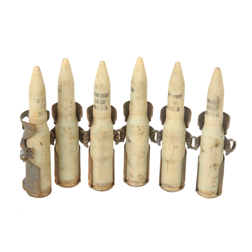 Original U.S. Vietnam War Era Inert Lot of 6 20mm XM254 Training Dummy Rounds on Links - Dated 1975 Original Items