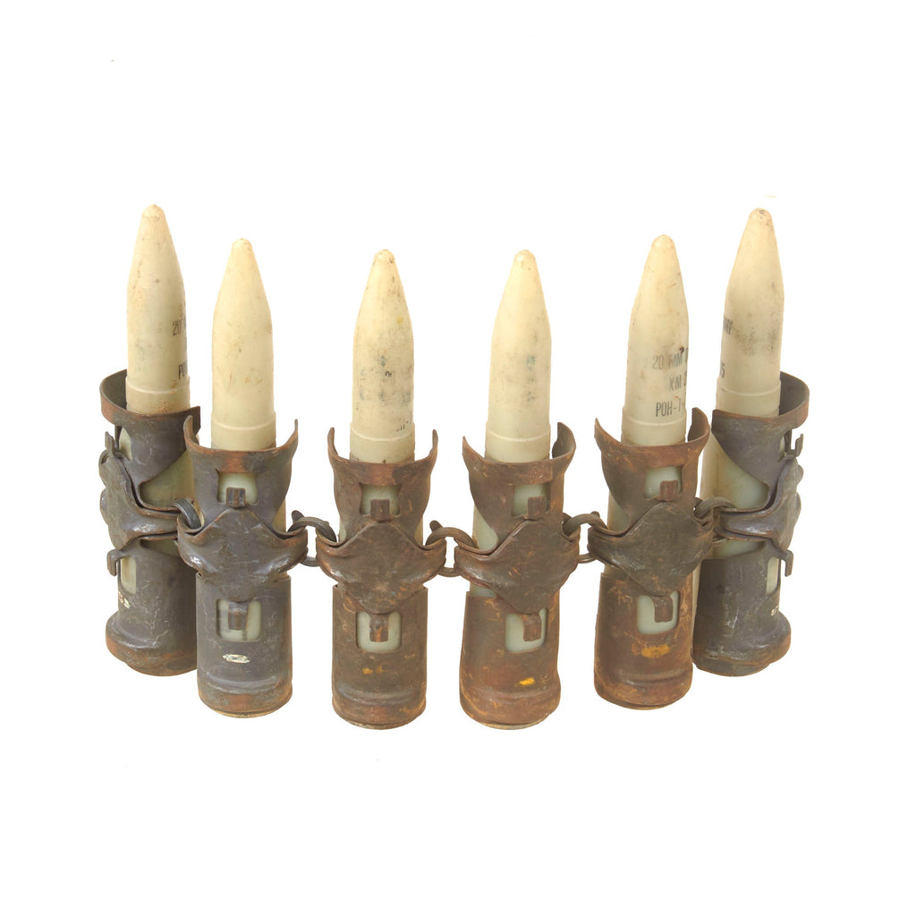 Original U.S. Vietnam War Era Inert Lot of 6 20mm XM254 Training Dummy Rounds on Links - Dated 1975 Original Items