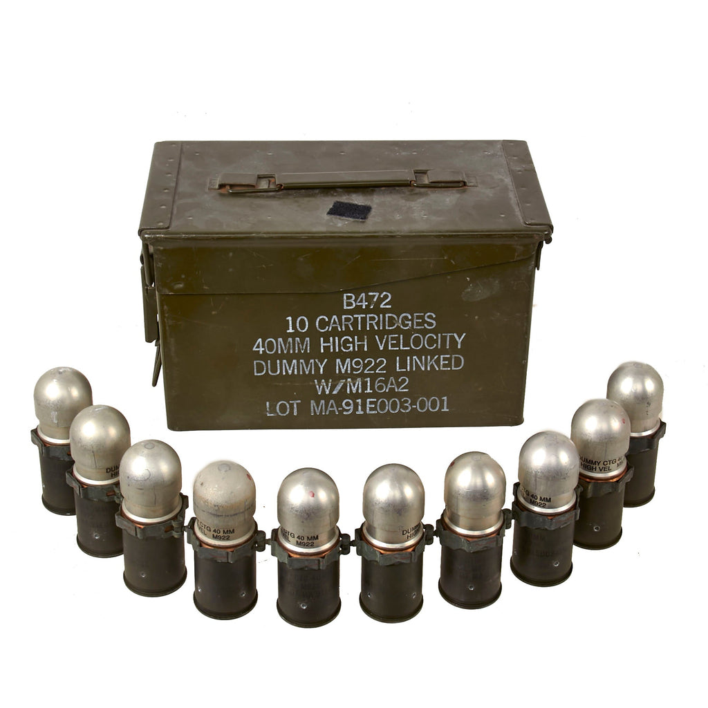 Original U.S. Desert Storm Era Inert Complete Set of 10 40mm High Velocity Rounds on MK19 Links for the Mark 19 Grenade Launcher in Original M2A1 Ammunition Canister Original Items