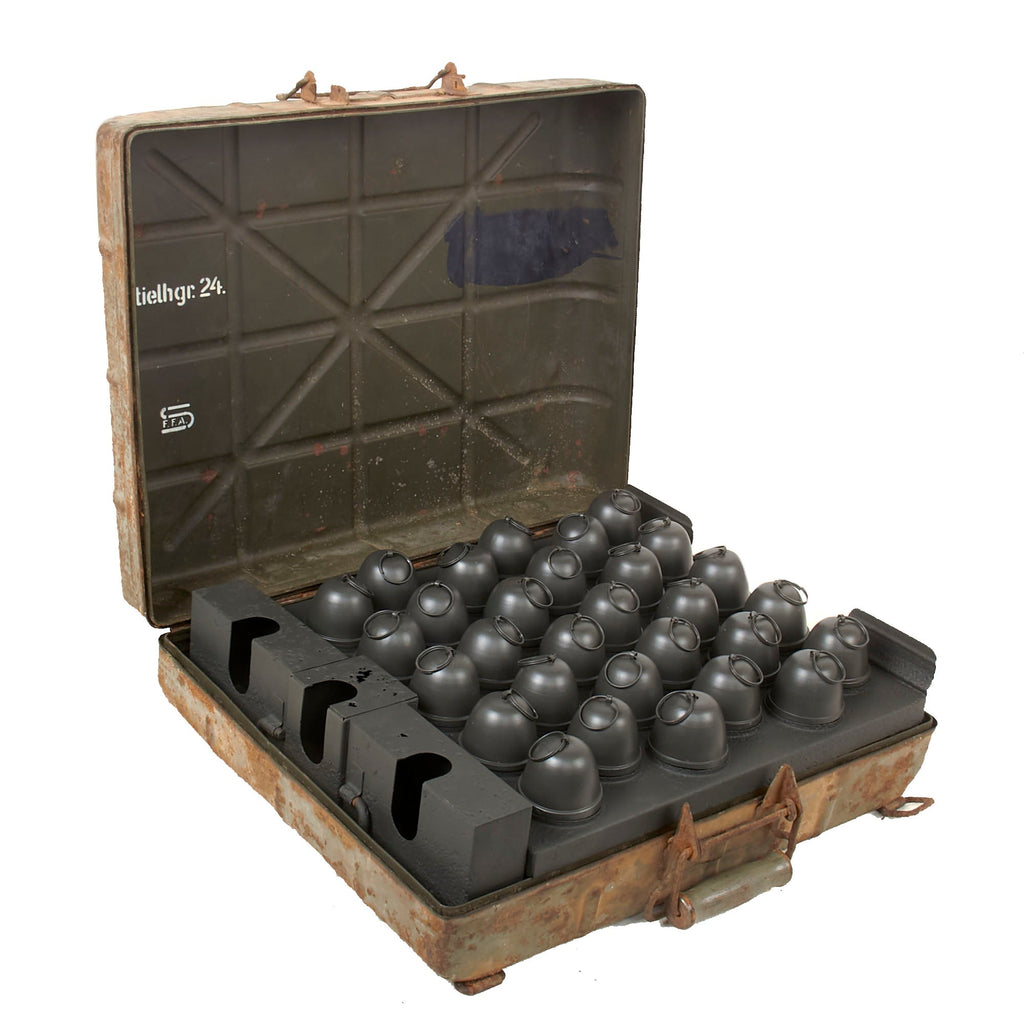 Original German WWII M39 Egg Grenade Case with Original Internal Rack and 30 Replica Grenades Original Items