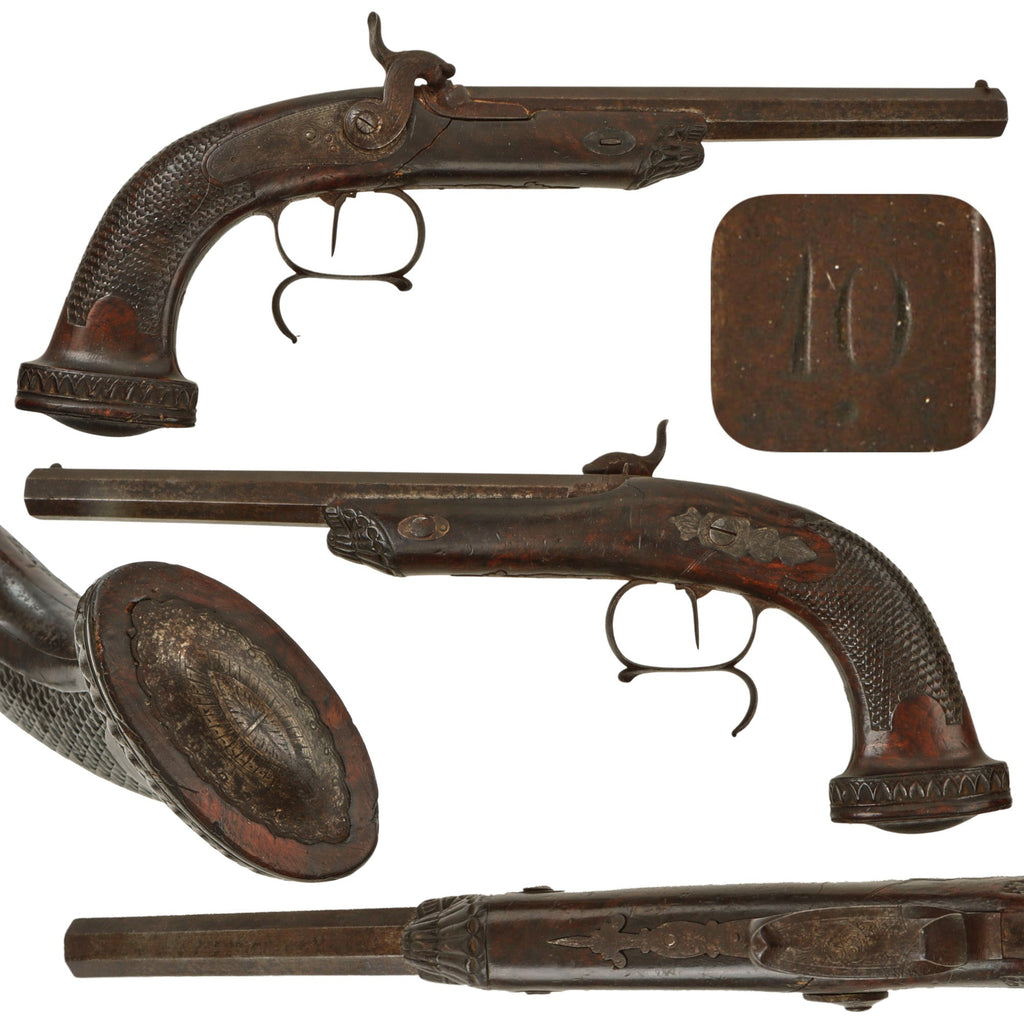 Original 19th Century Austrian Rifled Percussion Overcoat Pistol with Liège Proofed Barrel and Carved Wooden Stock - Circa 1840 Original Items