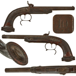Original 19th Century Austrian Rifled Percussion Overcoat Pistol with Liège Proofed Barrel and Carved Wooden Stock - Circa 1840