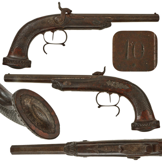 Original 19th Century Austrian Rifled Percussion Overcoat Pistol with Liège Proofed Barrel and Carved Wooden Stock - Circa 1840 Original Items